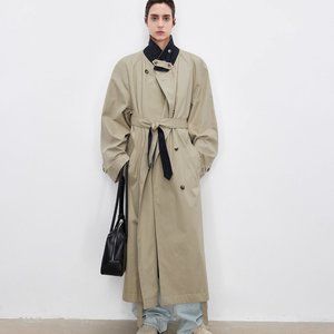 CHICJOC Two-Tone Notched Collar Oversized Trench Coat Rose Silk Lining